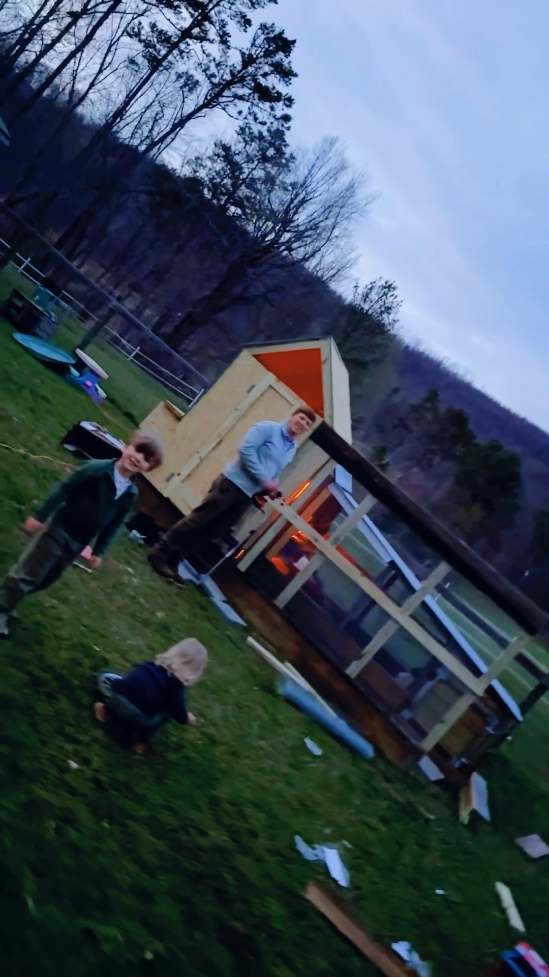 come along with us to add on to the chicken coop 🐓at sunset!! 🌅 (working on adding on the run tonight and these boys 😉 have really been takin' care of business 🛠️🪵)!! 