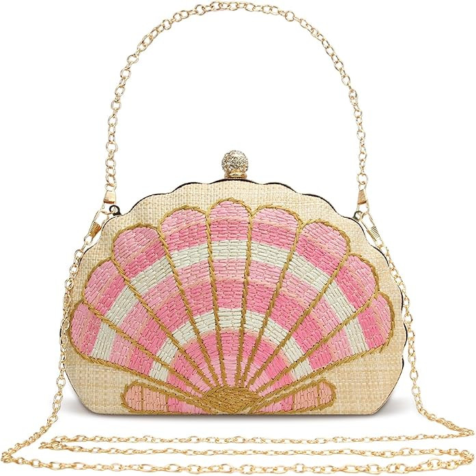 Women's Straw Woven Clutch Purse Embroider Shellsea Pattern Handbag | Amazon (US)