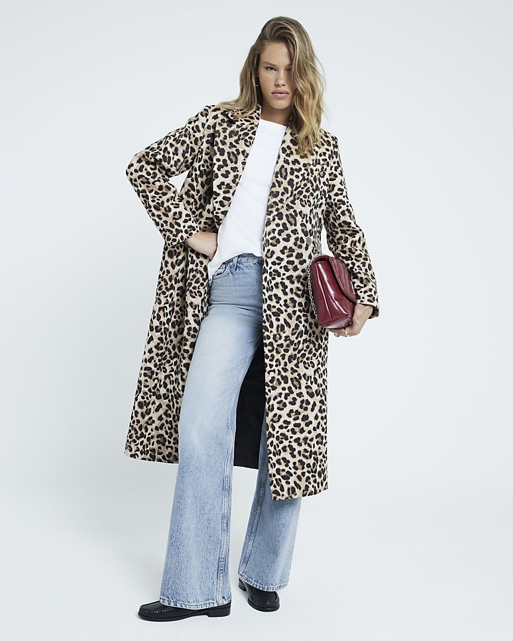 Brown Leopard Print Jacquard Coat | River Island (UK & IE)