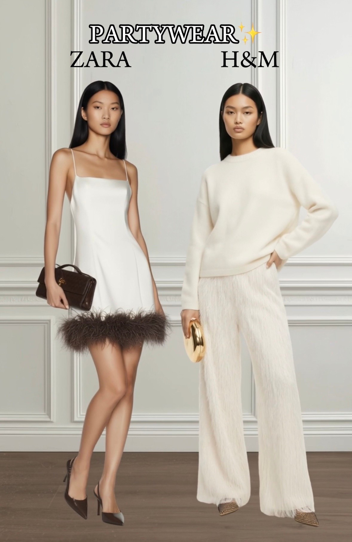 Zara vs H&amp;M Partywear✨

Tags: New Year’s party outfit, work Christmas party outfit, Christmas Day outfit, Christmas market outfits,  cream midi dress, brown fur dress, cream jumper outfit, fur trousers outfit, gold clutch bag, brown heels, sequin heels 

#LTKpartywear #LTKfestive #LTKdresses