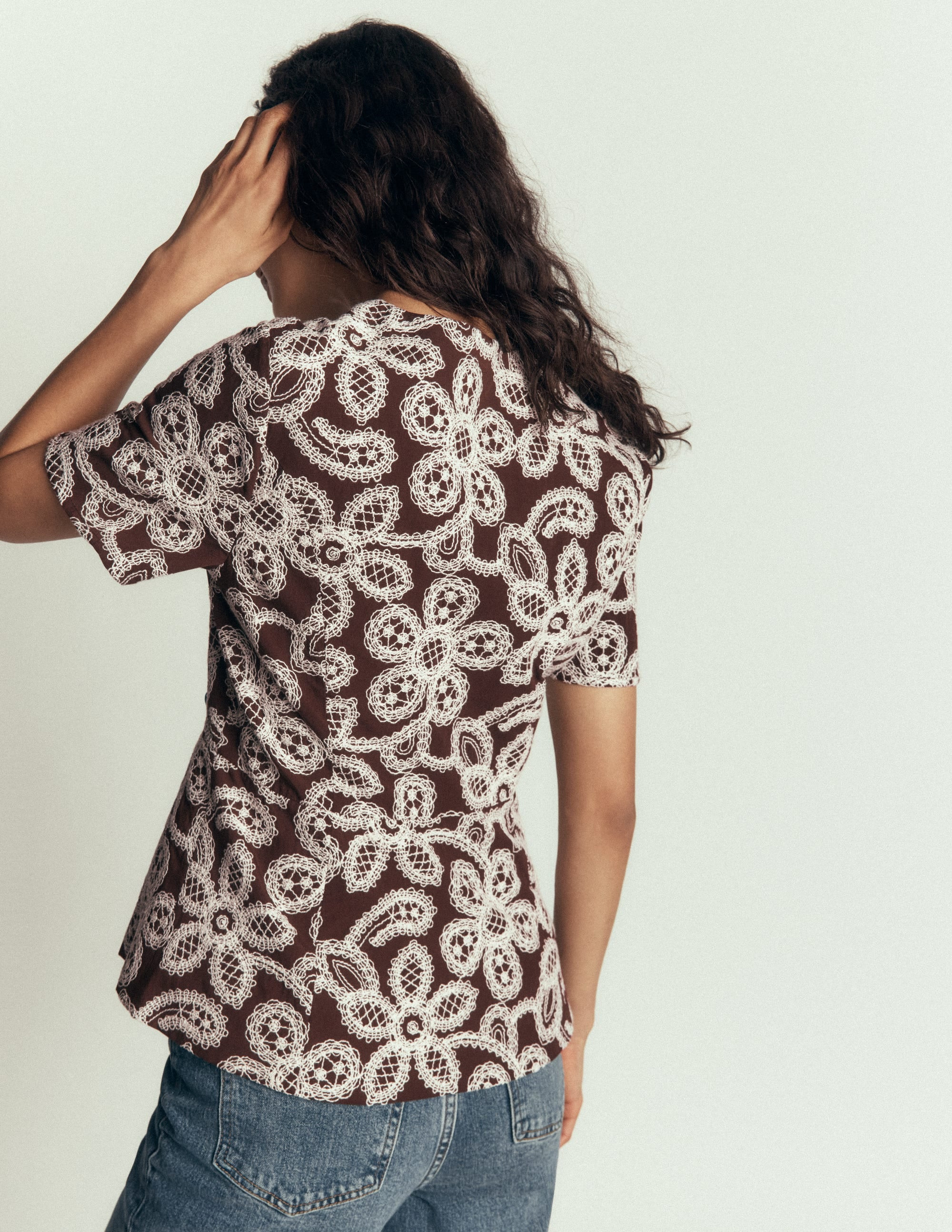 Embroidered Peplum Top-Bitter Chocolate | Boden (US)