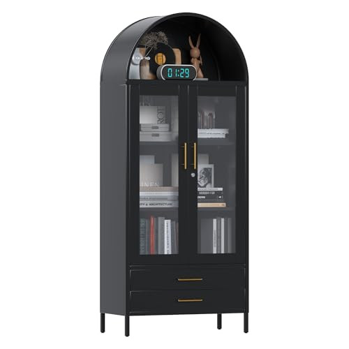 JAORD 73'' Arched Display Cabinet, Metal Freestanding Accent Kitchen Pantry Cabinets with Glass Doors/Drawers for Storing Food China Book Curio Home Bookcase Living Room, Assemble Require (Black) | Amazon (US)