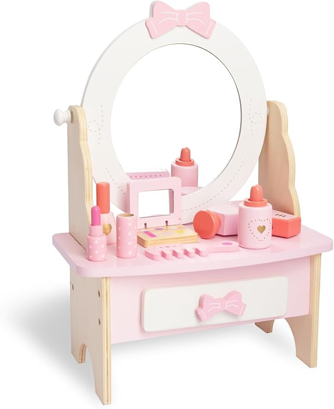 Wooden Vanity Set for Kids, Pretend Play Toddler Makeup Vanity Table Toys with 360° Rotatable Mi... | Amazon (US)