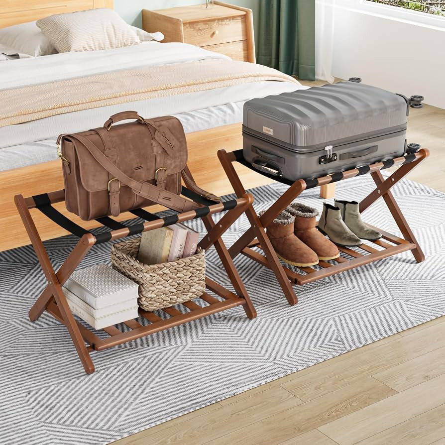 Smuxee Fully Assembled Walnut Luggage Racks Pack of 2, Upgraded Bamboo Foldable Suitcase Stand wi... | Amazon (US)
