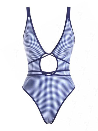 seamoly Blue Gingham Tie Around Criss Cross Backless Plunging Neck One-Piece Swimsuit, Blue, XXL | Amazon (US)