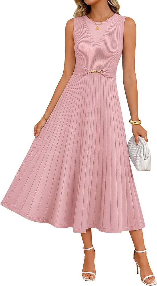 ZESICA Womens Spring Sleeveless Midi Sweater Dress 2026 Summer Casual Pleated A Line Flowy Knit L... | Amazon (US)