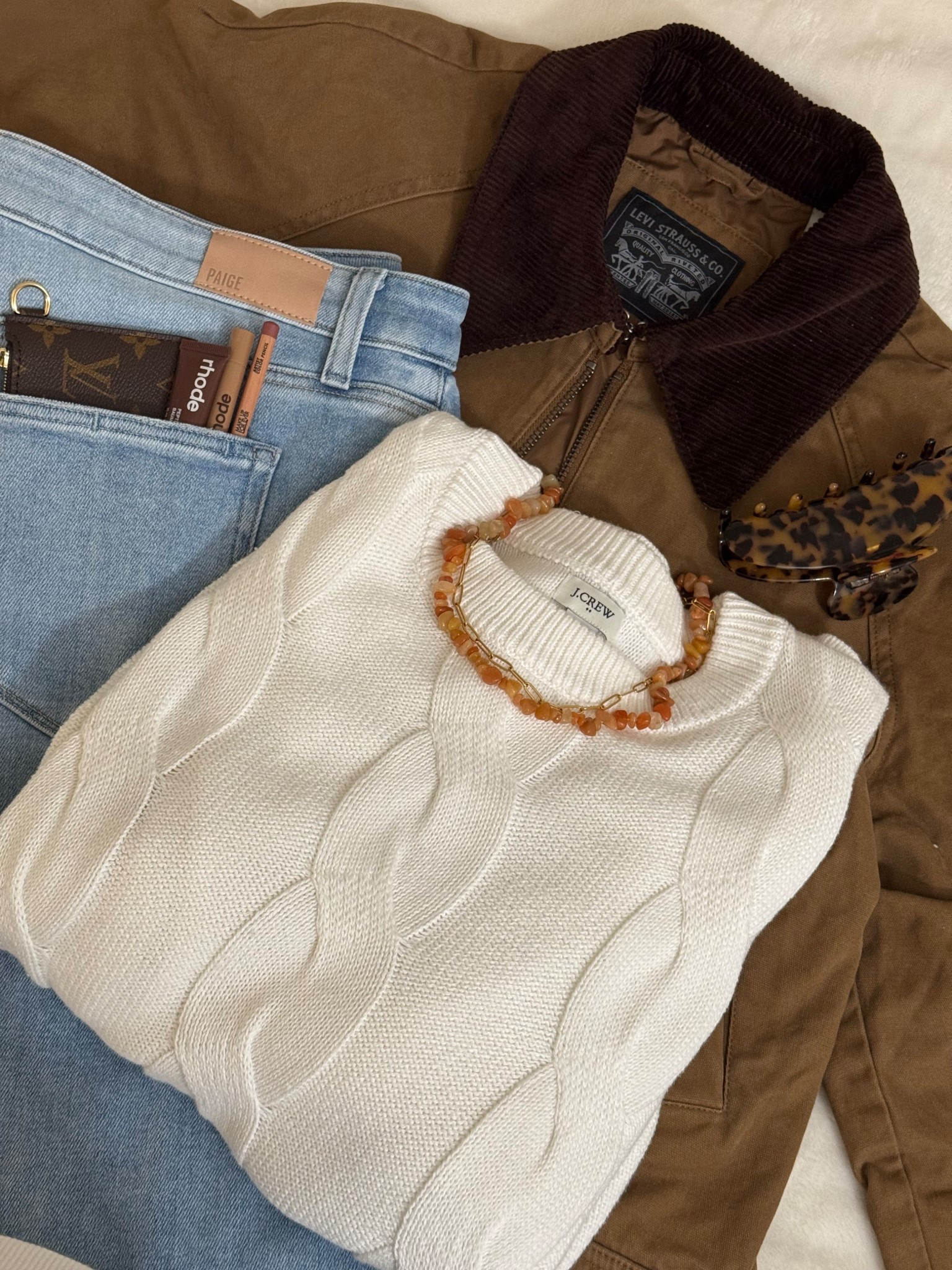 OOTD STYLE EDIT

Levi’s front zipper barn Jacket
Rhode lip pencil /lip gloss
Makeup Forever lip liner
J Crew cable knit Crew neck sweater 
Paige Jeans
Kaxi hair clip 

#LTKSaleAlert #LTKootd #LTKBeauty