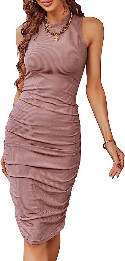 Vaiaye Women Sleeveless Bodycon Ruched Dress Knit Solid Crewneck Short Dress Tight Basic Summer T... | Amazon (US)