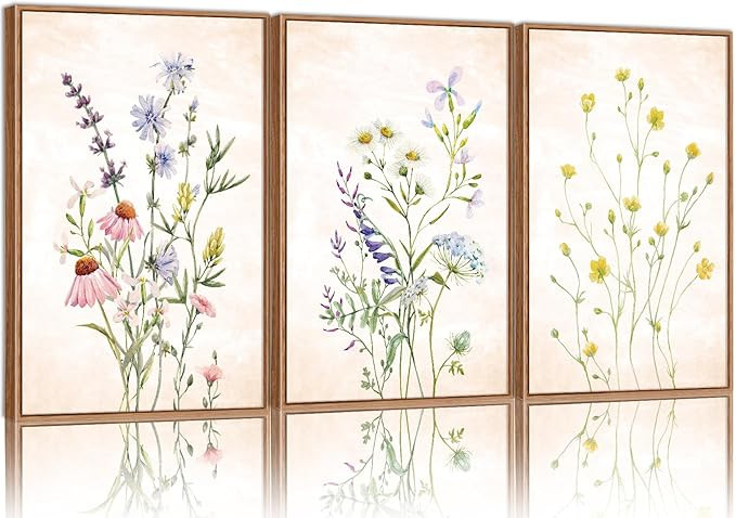 SIGNINART Watercolor Wildflower Framed Canvas Wall Art Set of 3, Boho Botanical Spring Floral Wal... | Amazon (US)