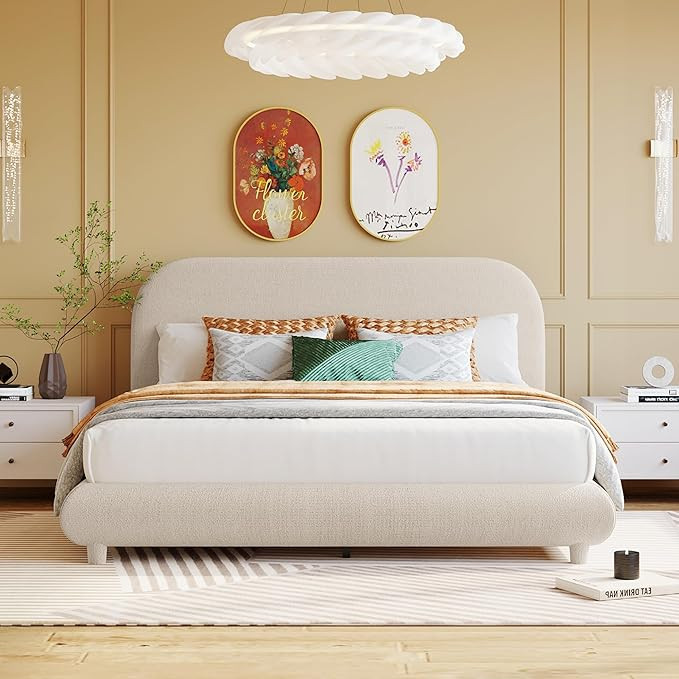 Teddy Fleece Queen Size Upholstered Platform Bed with Thick Fabric, Solid Frame and Stylish Curve... | Amazon (US)