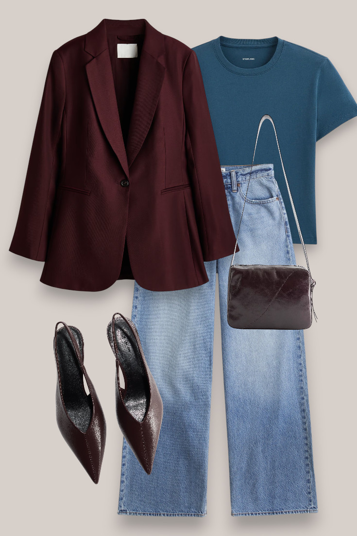 An easy jeans-and-blazer outfit for when you want to feel a little more dressed up 🍷 Light wash denim keeps the burgundy blazer relaxed, while pointed slingbacks and a dark shoulder bag make it perfect for dinner or drinks. 

 #LTKautumn #LTKdatenight #LTKstyletip