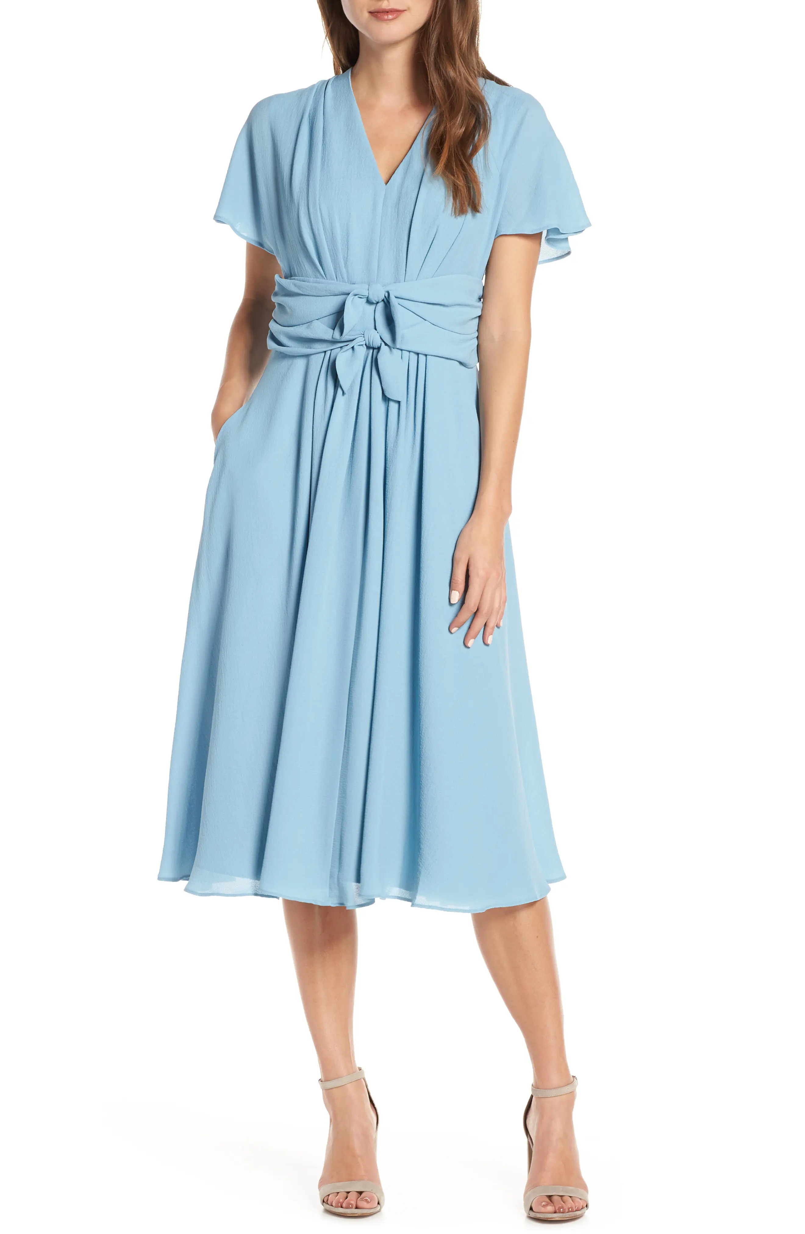 Women's Gal Meets Glam Collection Jane Tie Waist Midi Dress, Size 14 - Blue | Nordstrom