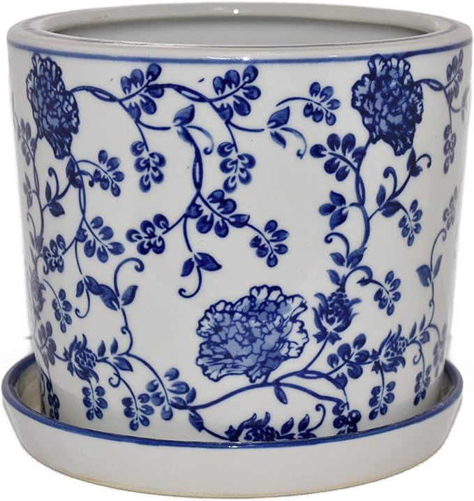 10.5" Beautiful Cylinder Shape Oriental Flowering Vine Blue & White Ceramic Planter Pot with Sauc... | Amazon (US)