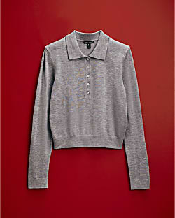 Grey Knit Shoulder Pad Polo Top | River Island UK & IE