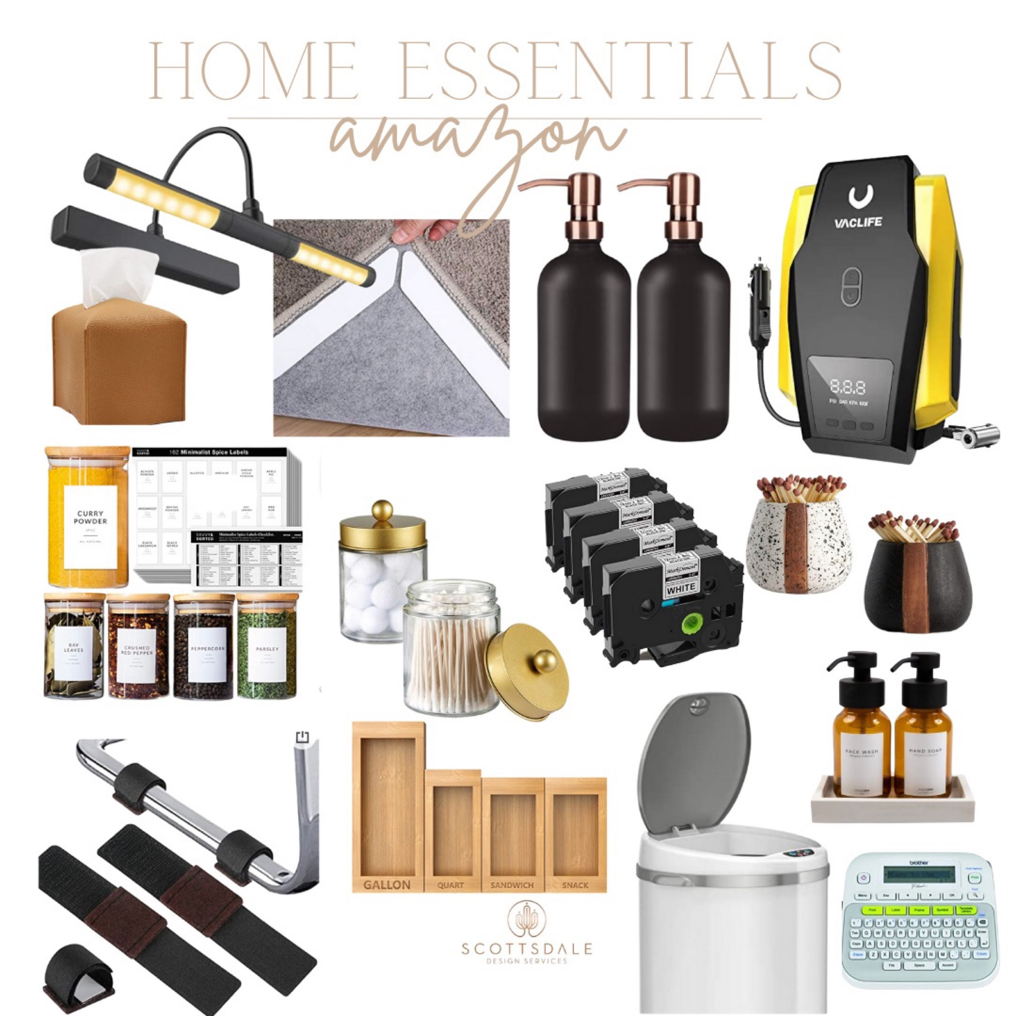 Amazon home essentials must haves!

Battery Picture light
Brother label maker
Rug tape
Soap dispensers 
Fireplace matches
Tissue box holder
Bathroom organizers
Spices jars
Chair floor pads
Touchless trash can
White trash can
Air pump

#LTKhome #LTKfamily
