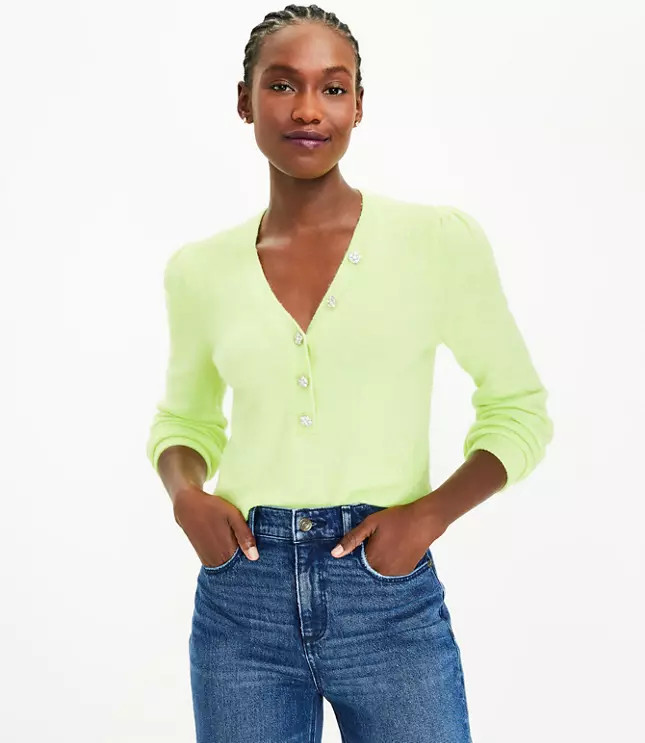 Jeweled Button Henley Sweater | LOFT