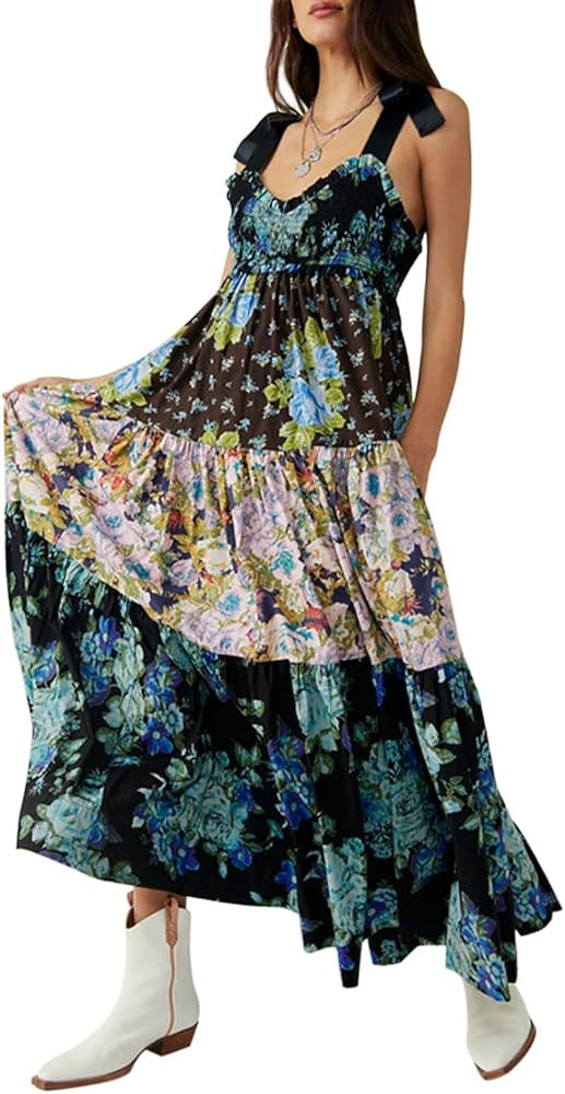 Women Summer Dresses Flowy Smocked Maxi Dress Sleeveless Tie Shoulder Boho Dresses Y2K Floral Bea... | Amazon (US)