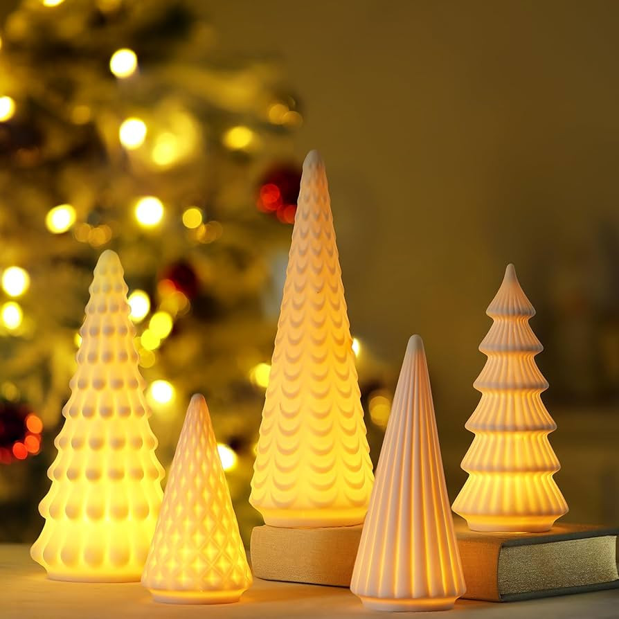 Weysat 5 Pack Ceramic Christmas Tree Set with Lights, Lighted Porcelain Tabletop Assorted Xmas Tr... | Amazon (US)