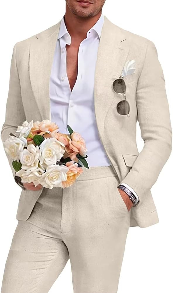 Beige Men's Linen Suit 2 Piece Slim Fit Summer Beach Wedding Dress Prom Party Suit Blazer Jacket ... | Amazon (US)