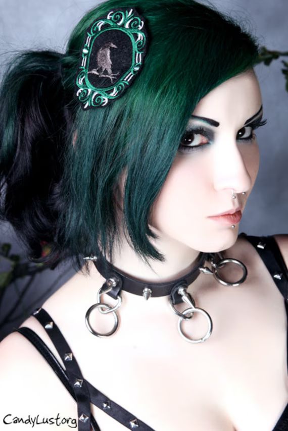 Black Raven Dark Green Cameo Frame Embroidered Hair Clip MTCoffinz | Etsy (US)