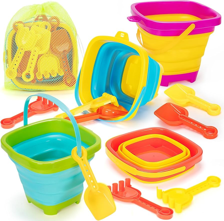 4 Packs Collapsible Beach Bucket, Foldable Bucket with Shovels & Mesh Bag for Kids Beach Toys, Co... | Amazon (US)