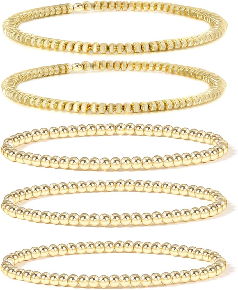 Amazon.com: Badu 14K Gold Beaded Bracelets for Women,5 PCS Dainty Gold Plated Bead Bracelet Stret... | Amazon (US)