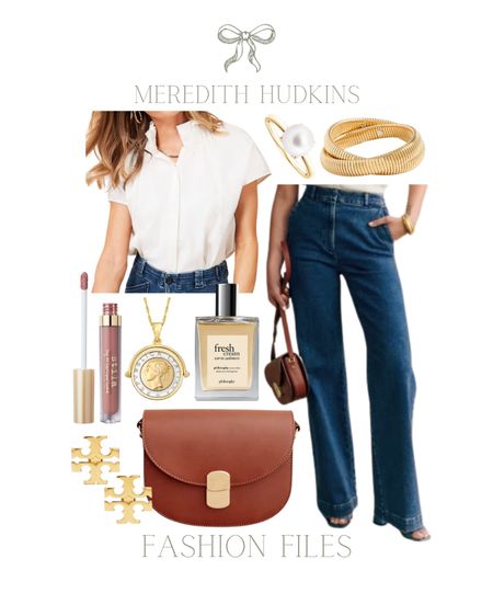 Meredith hudkins. Preppy classic timeless traditional work outfit ootd work style womens fashion chic denim women’s jeans sezane tuckernuck Pearl ring leather purse white blouse white top stilla lipstick jewelry coin necklace gold bracelet Amazon fashion beauty 

#LTKStyleTip #LTKBeauty #LTKFindsUnder50