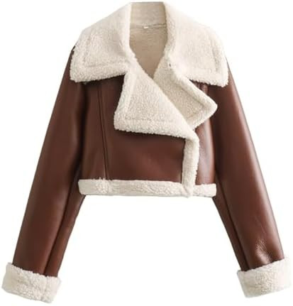 utcoco Womens Leather Jacket Faux Fur Moto Jacket Winter Trench Coat Cropped Shearling Jacket | Amazon (US)