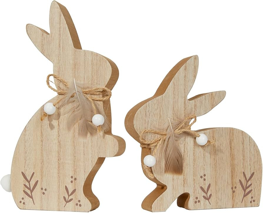 DN DECONATION Easter Bunny Decor Set, 2-Pcs Wooden Rabbit Figurines with Feather & Bead, Rustic F... | Amazon (US)