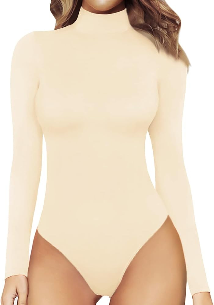 MANGOPOP Women's Mock Turtle Neck Long Sleeve Tops Bodysuit Jumpsuit | Amazon (US)