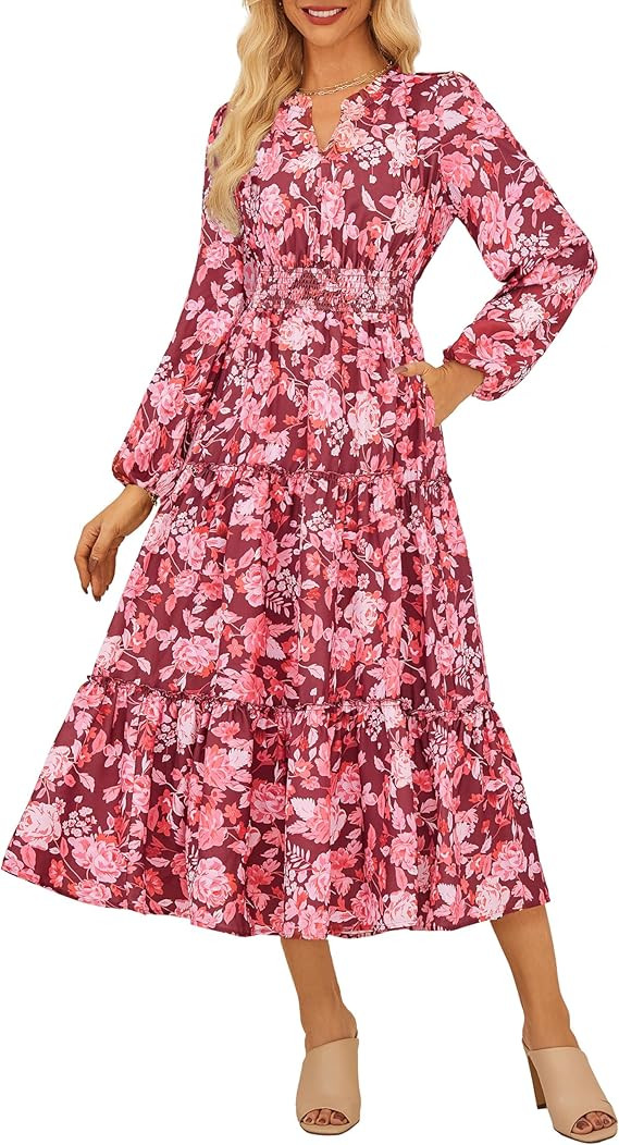 Women Long Sleeve Midi Dress, Boho Floral Casual Flowy A Line Dresses, Spring Elegant Classy Dres... | Amazon (US)