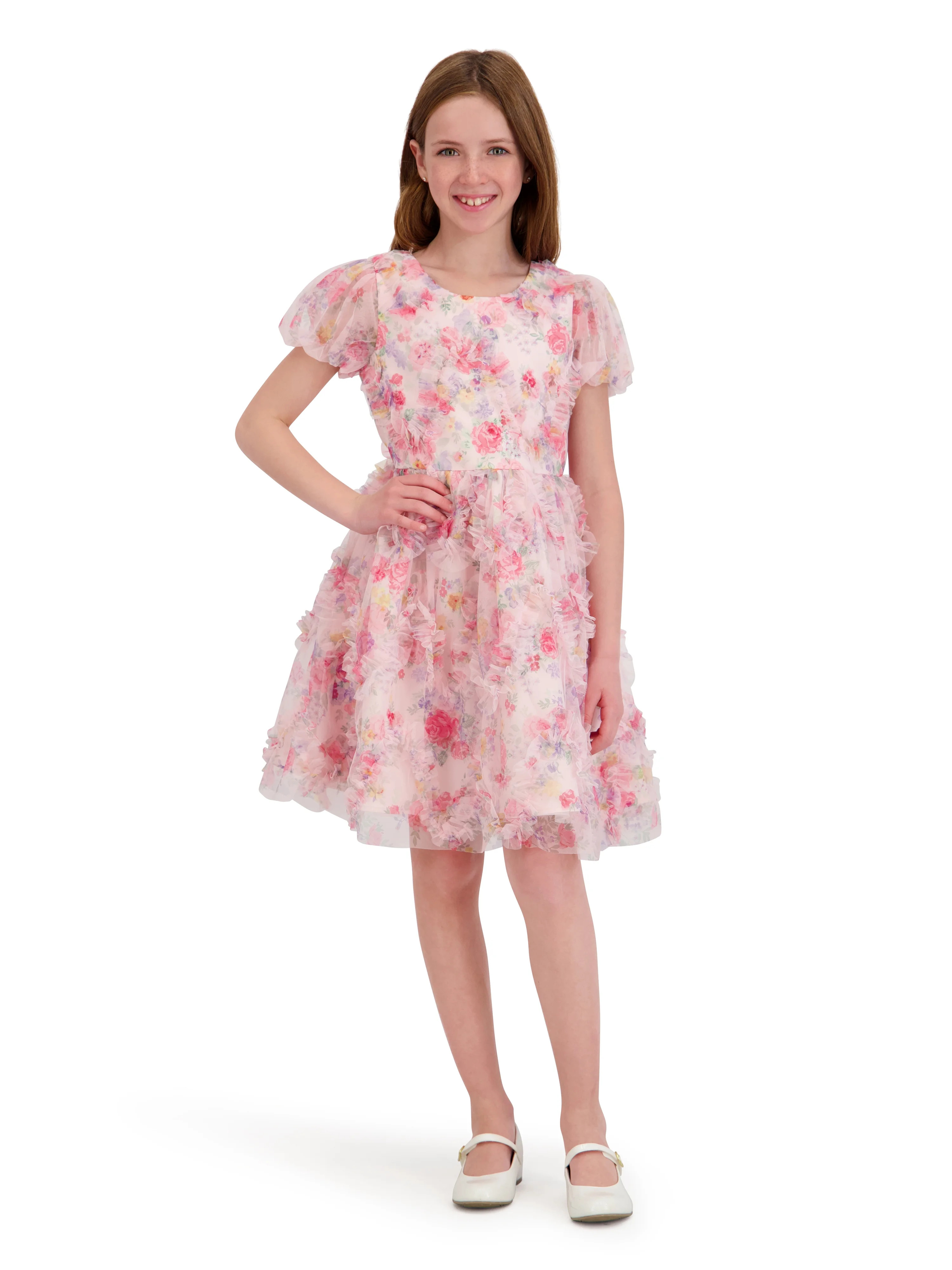 Kensie Girl Short Sleeve Allover Printed Ruffle Dress, Sizes 4-16 | Walmart (US)