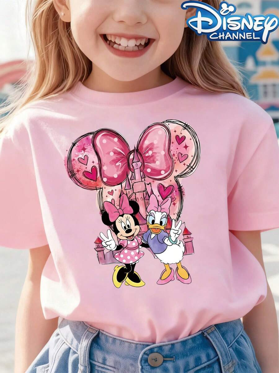 Local[Authentic] Minnie Daisy Heart Print Disney Girls' Summer Round-Neck Casual T-Shirt-Perfect ... | SHEIN