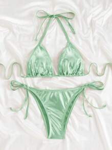 Swim Basics Solid Color Bikini Swimwear, Vacation Beach | SHEIN