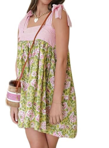 Women Floral Tie Shoulder Mini Dress Cute Square Neck Loose Fit Beach Short Dress Backless Boho V... | Amazon (US)