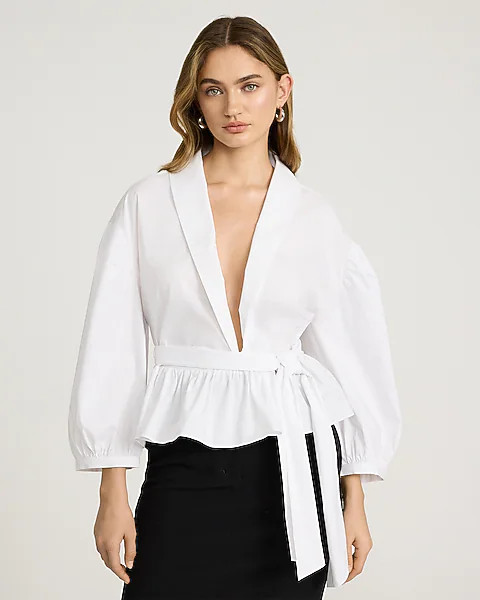 Stretch Cotton Poplin Tie Waist Peplum Top | Express