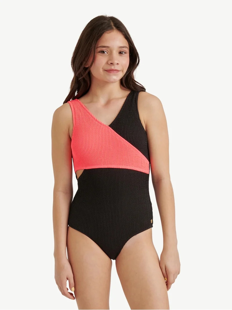 Justice Girls One Piece Color Block Wrap Swimsuit, sizes XS-XL | Walmart (US)
