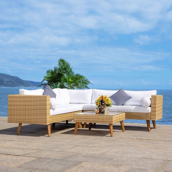 SAFAVIEH Outdoor Living Analon Outdoor Sectional Set - Natural/White Cushion | Bed Bath & Beyond