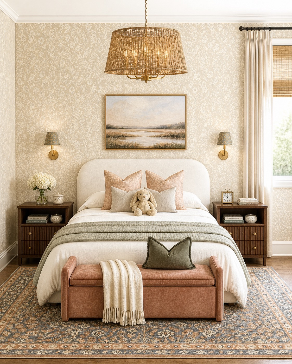 little girls room moment I can’t get over lately 🤍 From the woven chandelier to the sweetest floral wallpaper, warm wood tones, vintage-inspired rug, blush bench, scalloped sconces, bunny accents, and soft layered bedding… every detail feels cozy, timeless, and collected. The best part? It’s ALL Amazon finds 👏🏻 Linking every piece for you on my LTK!

Perfect if you love:
• warm neutral girls bedrooms
• modern classic kids decor
• floral wallpaper + vintage rugs
• cozy layered bedding
• woven lighting + natural textures
• elevated cottage-inspired spaces
• feminine but timeless design

Shop the full Amazon bedroom here 🤍 #LTKHome #AmazonHome #GirlsBedroom #KidsRoomDecor #AmazonFinds #NeutralHomeDecor #ModernClassic #BedroomInspo #InteriorDesign #CozyHome #TraditionalHome #WallpaperDecor #VintageStyle #GirlsRoomInspo #PorcheandCo

#LTKHome #LTKKids #LTKSaleAlert