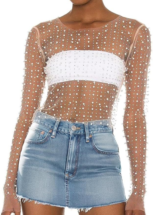 Yimoon Women's Mesh Sheer Pearl Rhinestone Crop Top Sexy Long Sleeve See Through Tee Shirt Shiny ... | Amazon (US)