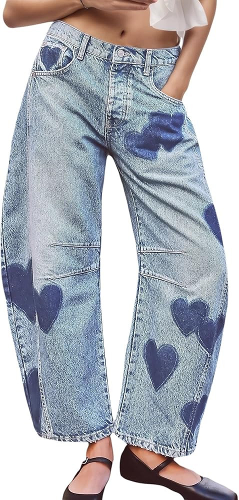 LifeShe Women's Wide Leg Baggy Jeans Low Waist Heart Barrel Loose Jean Valentine's Day Denim Pant... | Amazon (US)