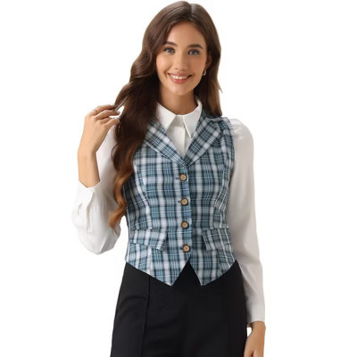 INSPIRE CHIC Women's Plaid Vintage Notched Lapel Collar Single Breasted Waistcoat Vest X-Small Dusty Blue | Target