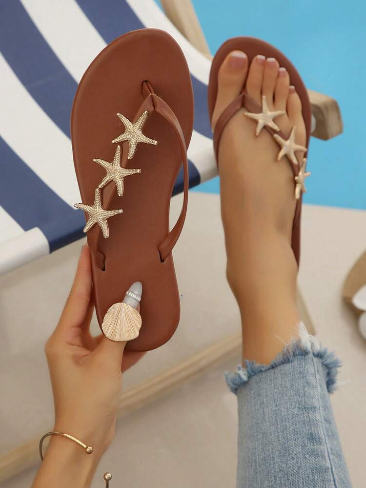 New European And American Summer Starfish Decor Flip Flops, Women Flat Thong Sandals, Beach Holid... | SHEIN