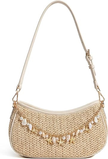 Straw Shoulder Bag for Women, Boho Woven Raffia Hobo Purse with Charm Chain, Adjustable Strap Sum... | Amazon (US)