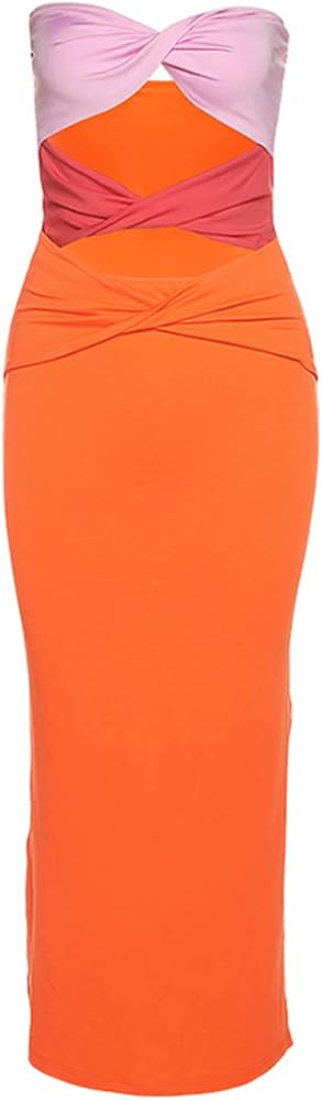 Women Sexy Strapless Twist Ruched Front Midi Long Bodycon Dress Hollow Out Contrast Color Off Shoulder Split Clubwear Orange | Amazon (US)