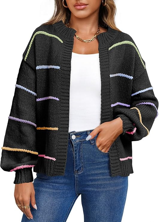 Saodimallsu Womens Color Block Cardigan Sweater Striped Open Front 2024 Fall Chunky Trendy Knit L... | Amazon (US)