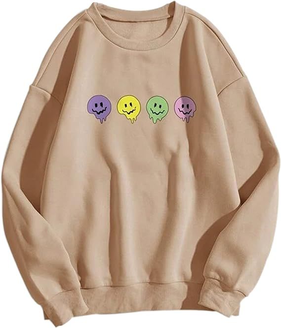 Meladyan Women’s Oversized Smiley Face Graphic Sweatshirts Crewneck Long Sleeve Solid Casual Lo... | Amazon (US)
