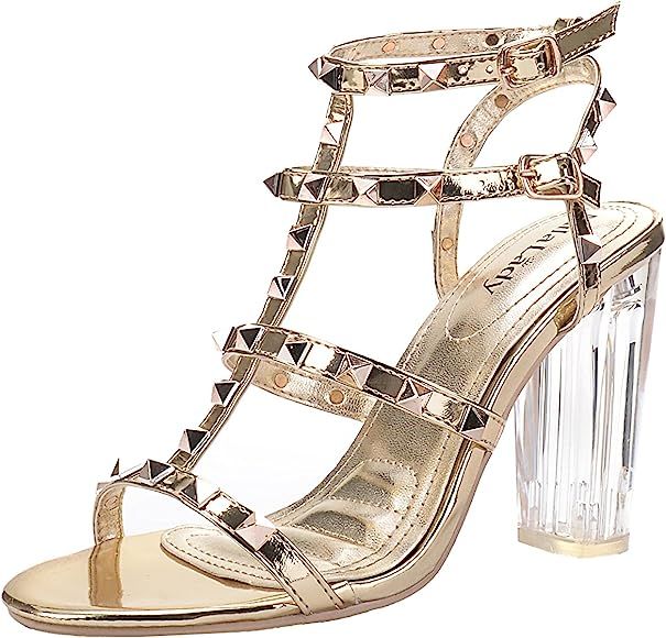 ERIN08 Womens Studded with Lucite Clear Block Chunky Heel Sandals, Gold 6.5 | Amazon (US)