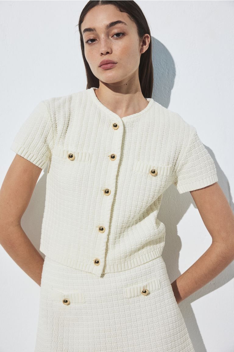 Structured-knit cardigan - Round neck - Short sleeve - Cream - Ladies | H&M GB | H&M (UK, MY, IN, SG, PH, TW, HK)