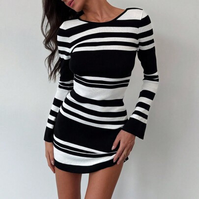 Modern Casual Fitted Mini Backless Tie Flared Sleeve Asymmetrical Striped Knitted Sweater Dress For Women | SHEIN